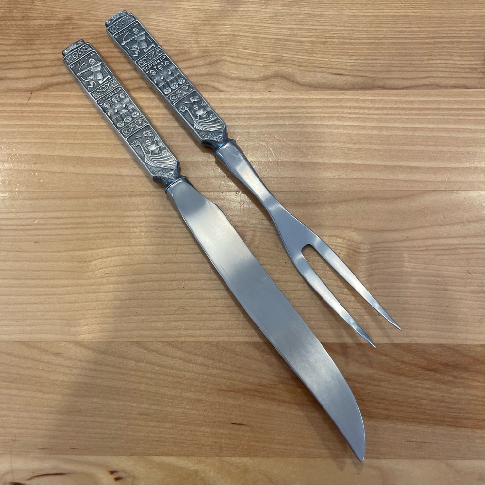 Norwegian Decorative Stainless Carving Knife and Fork Set - Pewter Handles